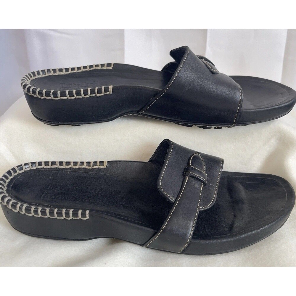 Timberland Black Leather Slip On Comfort Stitching Non-Slip Slide Sandals 6.5